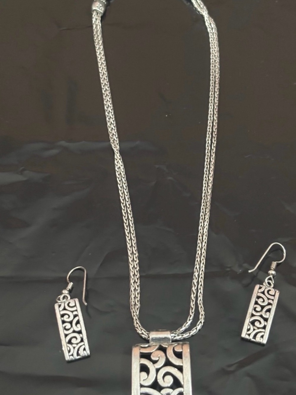 Brighton Deco Lace Rectangular Silver Swirl Necklace and Earring Set - Picture 2 of 4